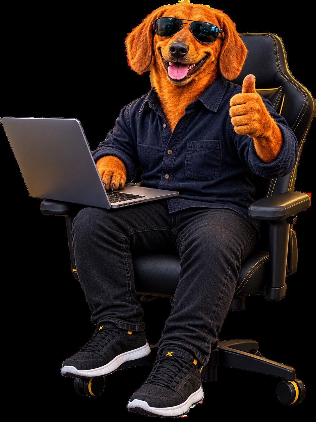 La mascota de Walotech en versión programador: gafas de sol, laptop y pulgar arriba.