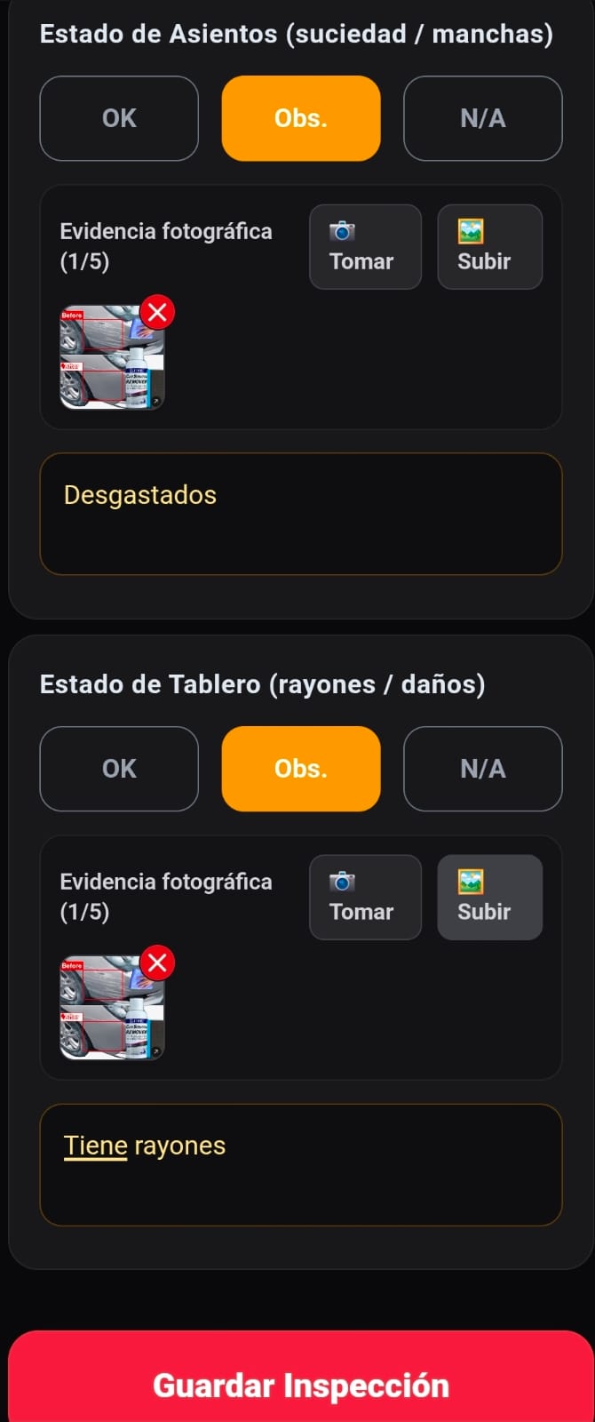 Checklist técnico con estados OK / Observación / N-A, evidencia fotográfica y notas por punto.