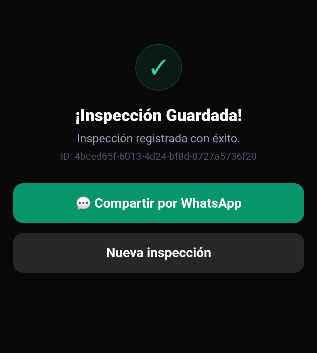 Pantalla de inspección guardada con su ID y el botón de compartir por WhatsApp.