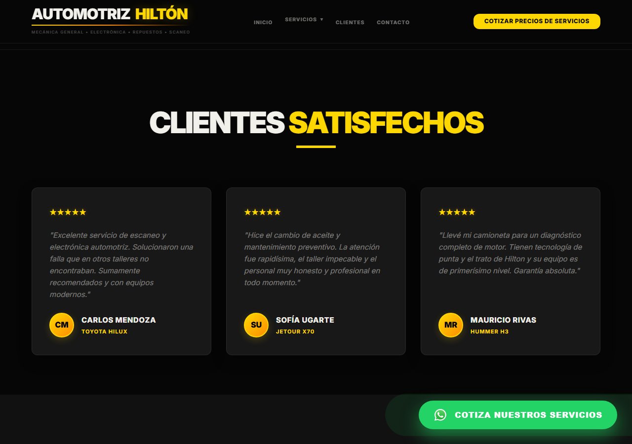 Testimonios reales de clientes de Automotriz Hiltón, con nombre y vehículo.