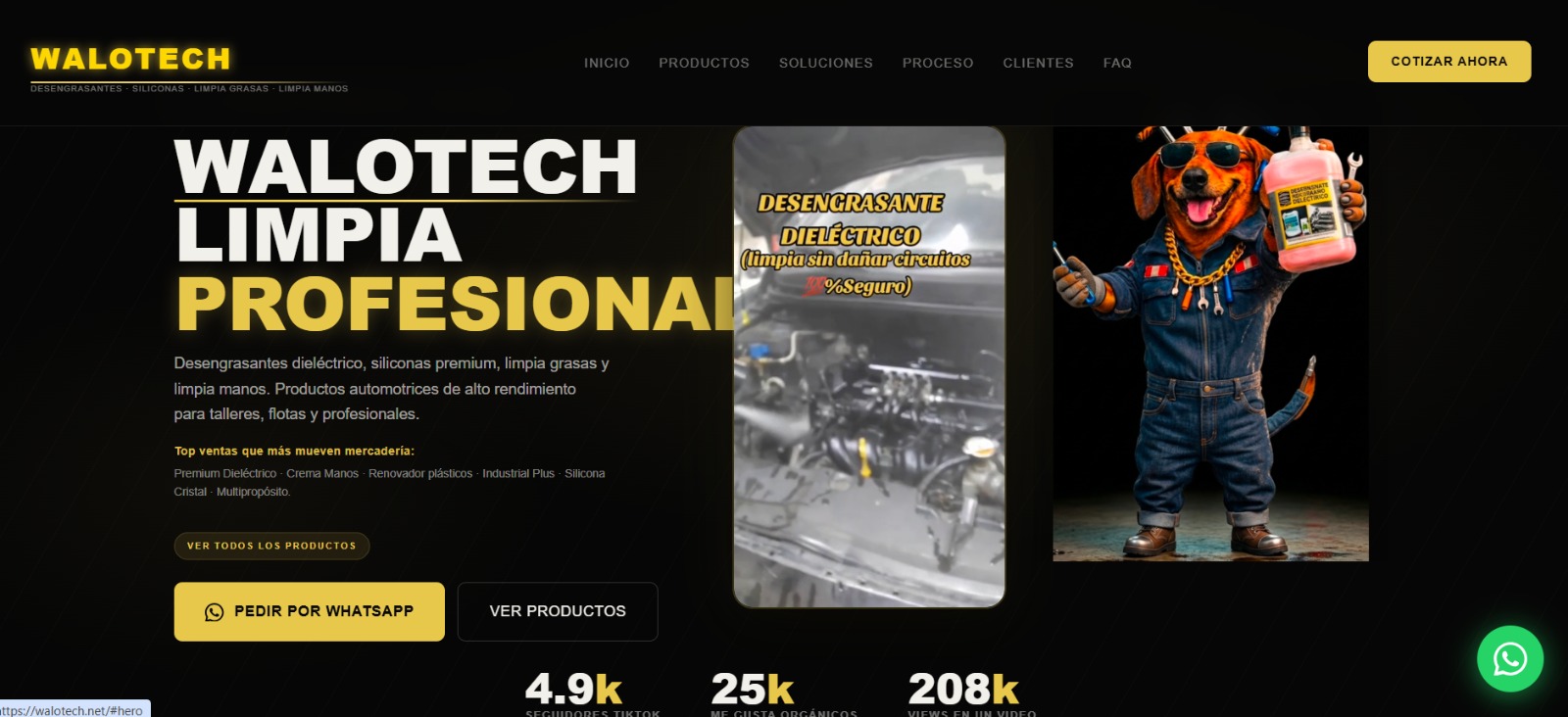 Hero de walotech.net: catálogo de desengrasantes, siliconas y limpiadores automotrices.