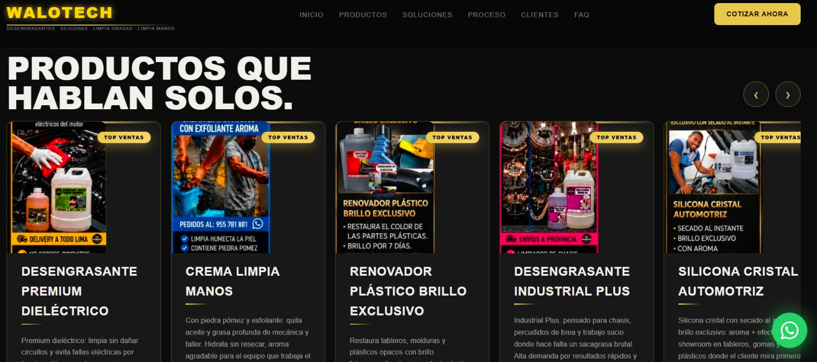 Carrusel de productos top ventas: desengrasante premium, crema limpia manos, renovador de plásticos.