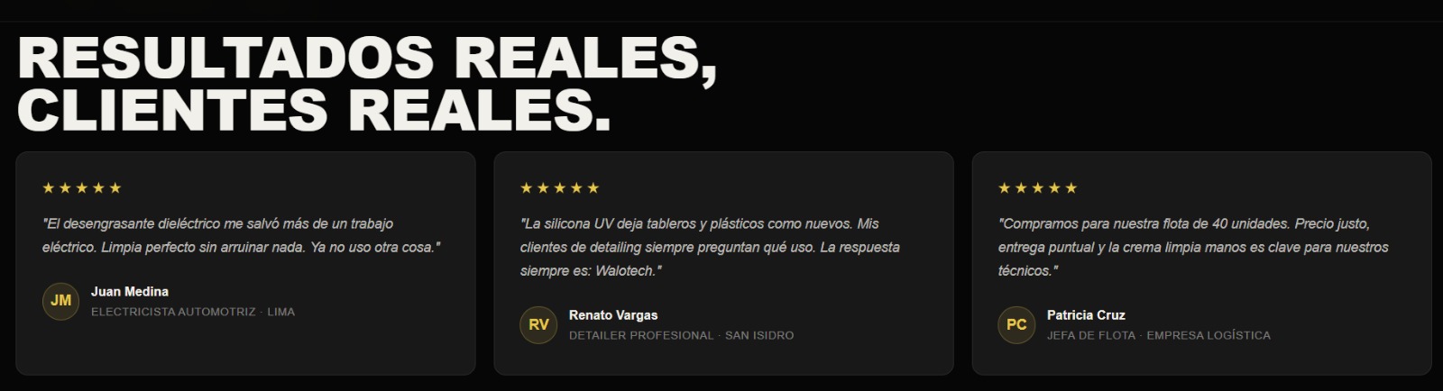 Sección de testimonios reales de clientes de walotech.net.